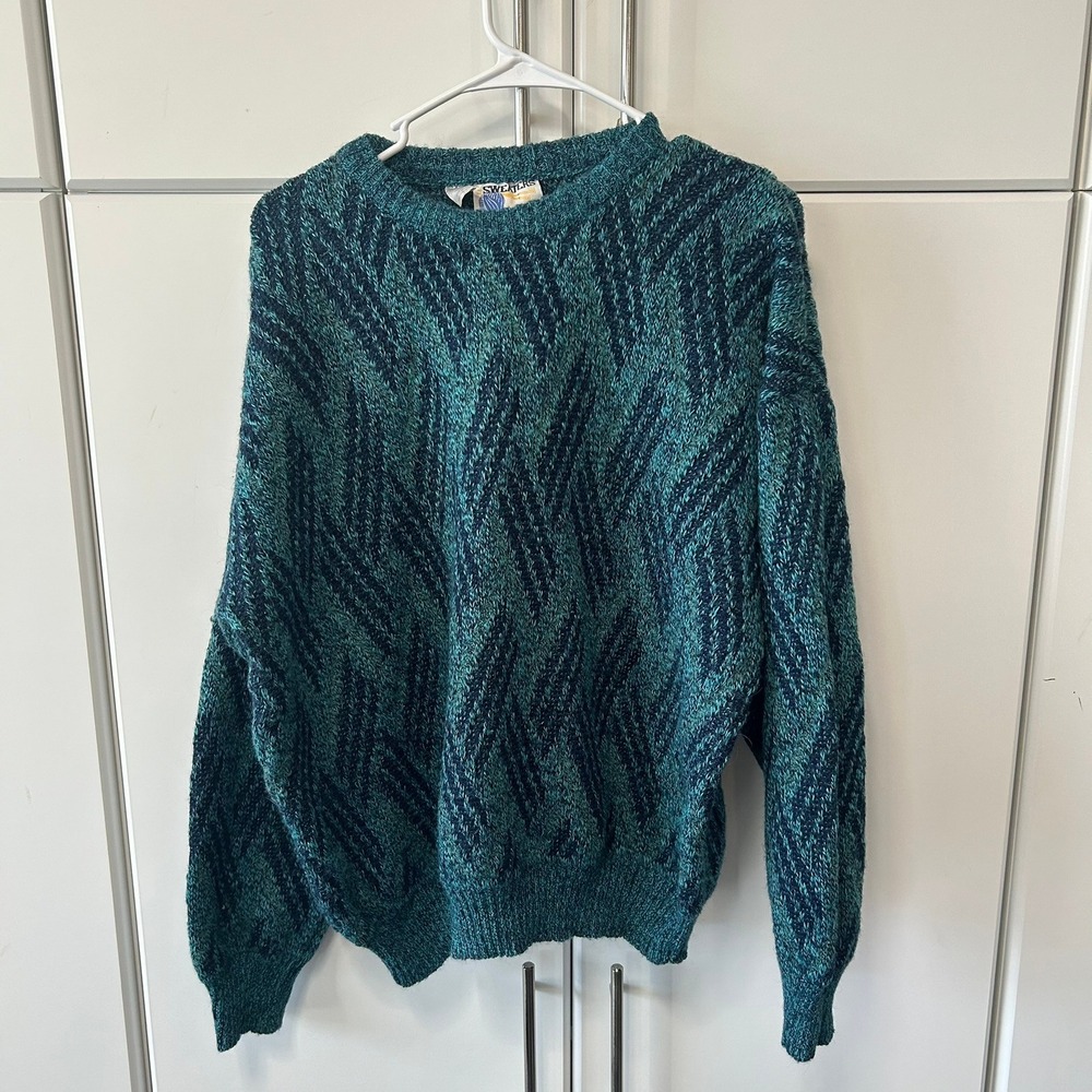 Vintage Sweaters Mens XL Teal Navy Geometric Chevron Knit Wool Blend Italy Made